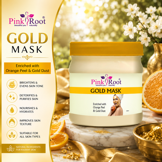 Pink Root Gold Mask Enriched with Orange Peel & Gold Dust (500 ml), Removes Blackhead, Anti Ageing, Anti Pimple, Gold Radiance Skin