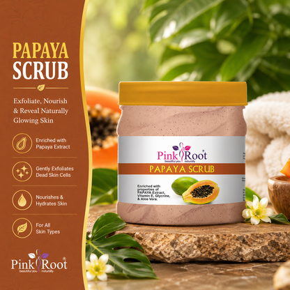 Pink Root Papaya Scrub Enriched with Papaya Extract, Vitamin E, Glycrine, & Aloe Vera for Tan Removal & Brighter Skin(500 ml)