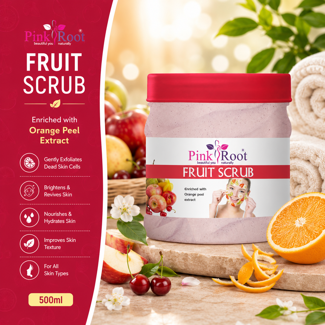 Pink Root Mix Fruit Cream Scrub 500ml, Enriched with Vitamin E, Aloe Vera Extract for Removing dead cells & Nourishing Skin (500 ml)