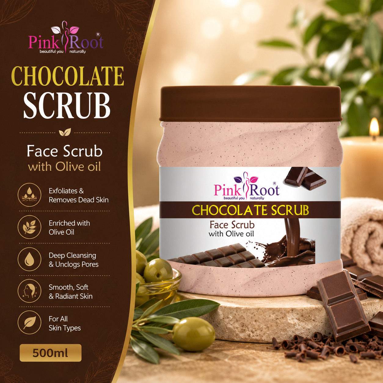 Pink Root Chocolate Scrub Face Scrub with Olive Oil Scrub (500 ml) with Vitamin E & Sunscreen-Deep Cleansing, Exfoliation, Pigmentation Removal, Softening & Smoothening, Replenishing & Rejuvenation