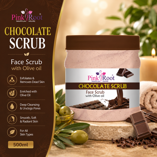 Pink Root Chocolate Scrub Face Scrub with Olive Oil Scrub (500 ml) with Vitamin E & Sunscreen-Deep Cleansing, Exfoliation, Pigmentation Removal, Softening & Smoothening, Replenishing & Rejuvenation