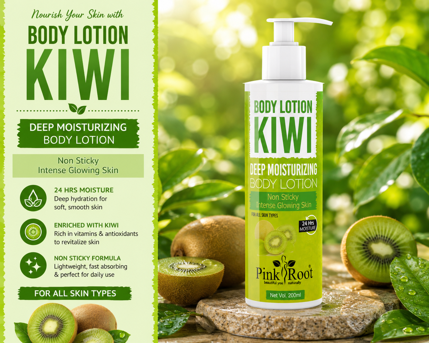 Pink Root Kiwi Body Lotion | Intensive Care Deep Moisture Body Lotion with Pure Kiwi Extract  (200 ml)