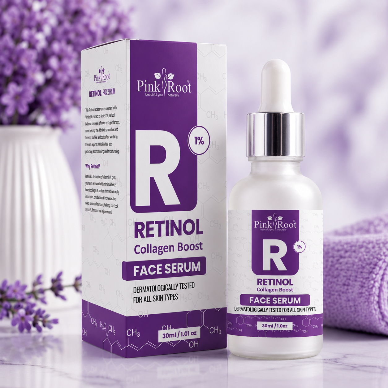 Pink Root 1% Retinol Face Serum for Anti Aging, Wrinkles & Fine Lines | Skin Renewal & Firming Serum for Dark Spots & Uneven Tone | 30ml