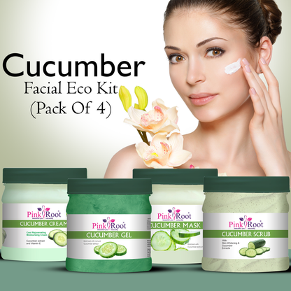 Cucumber facial eco kit with a woman applying cream, featuring Pink Root brand.