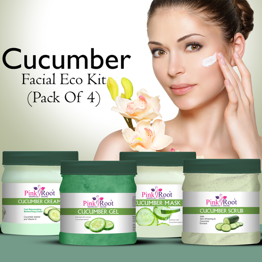 Cucumber facial eco kit with a woman applying cream, featuring Pink Root brand.
