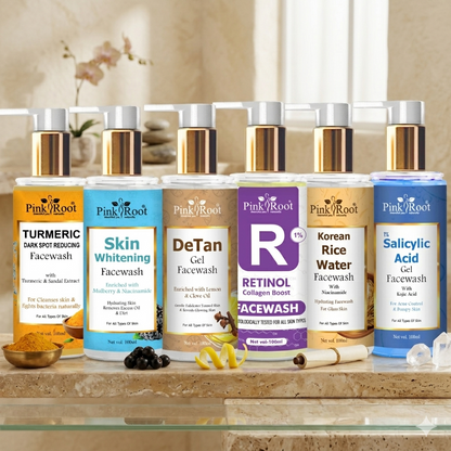 Pink Root Rice Water, Turmeric, Retinol, De-tan, Salicylic Acid & Skin Whitening Face Wash ( Pack of 6)- A Natural Skincare Solution for Deep Cleansing, Gentle Exfoliation, Brightening Dull Skin, Reducing Excess Oil, Improving Texture