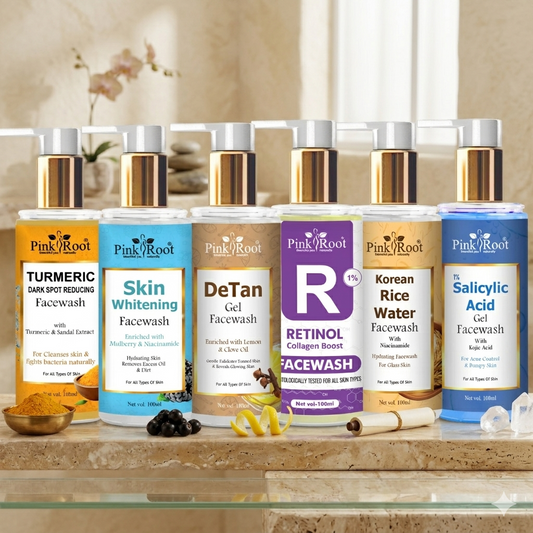 Pink Root Rice Water, Turmeric, Retinol, De-tan, Salicylic Acid & Skin Whitening Face Wash ( Pack of 6)- A Natural Skincare Solution for Deep Cleansing, Gentle Exfoliation, Brightening Dull Skin, Reducing Excess Oil, Improving Texture