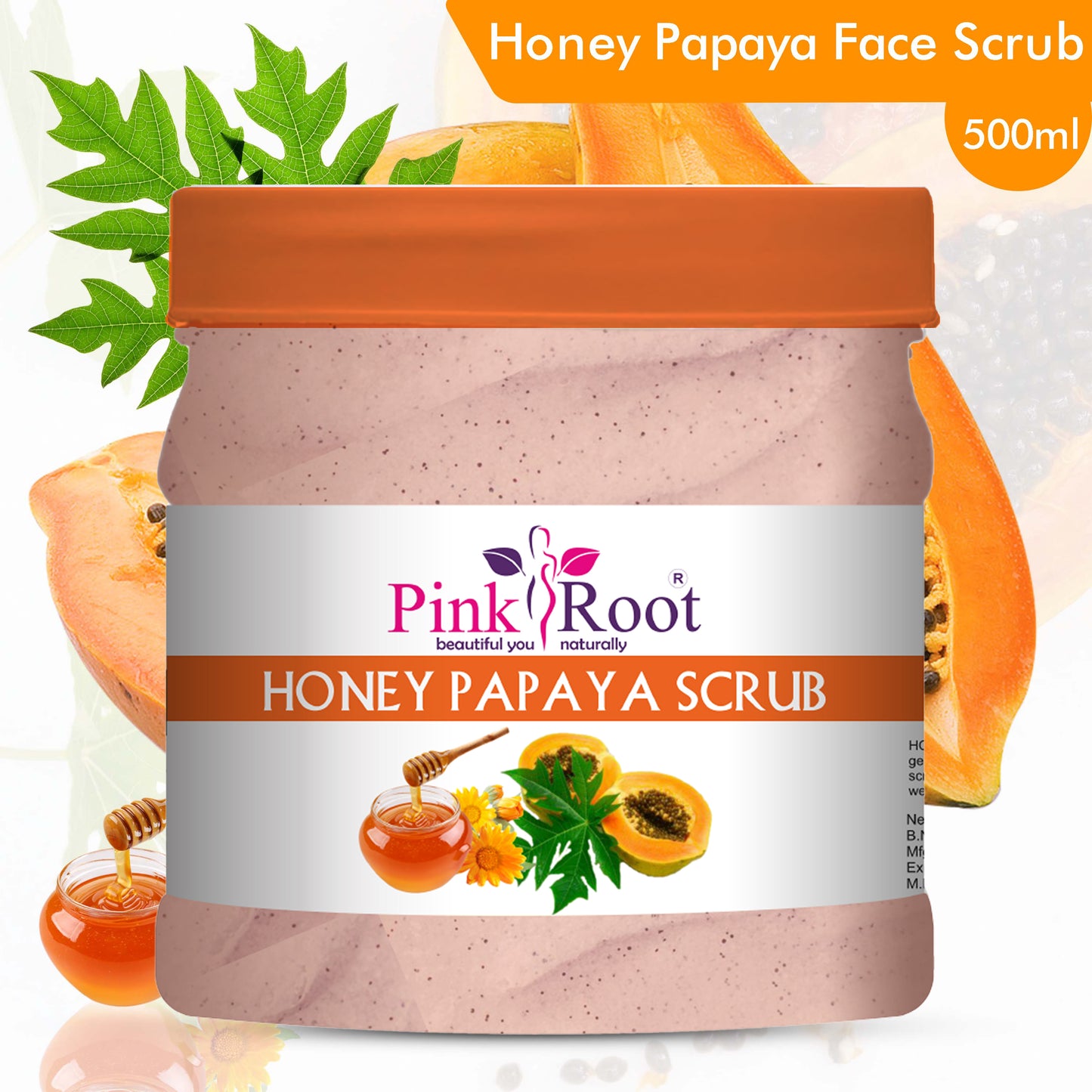 Pink Root Honey Papaya Scrub 500ml - Skin Whitening, Brightening, Softening & Smoothening, Dark Spot Removal, Anti Ageing, Best Detan Scrub, Radiance & Glow