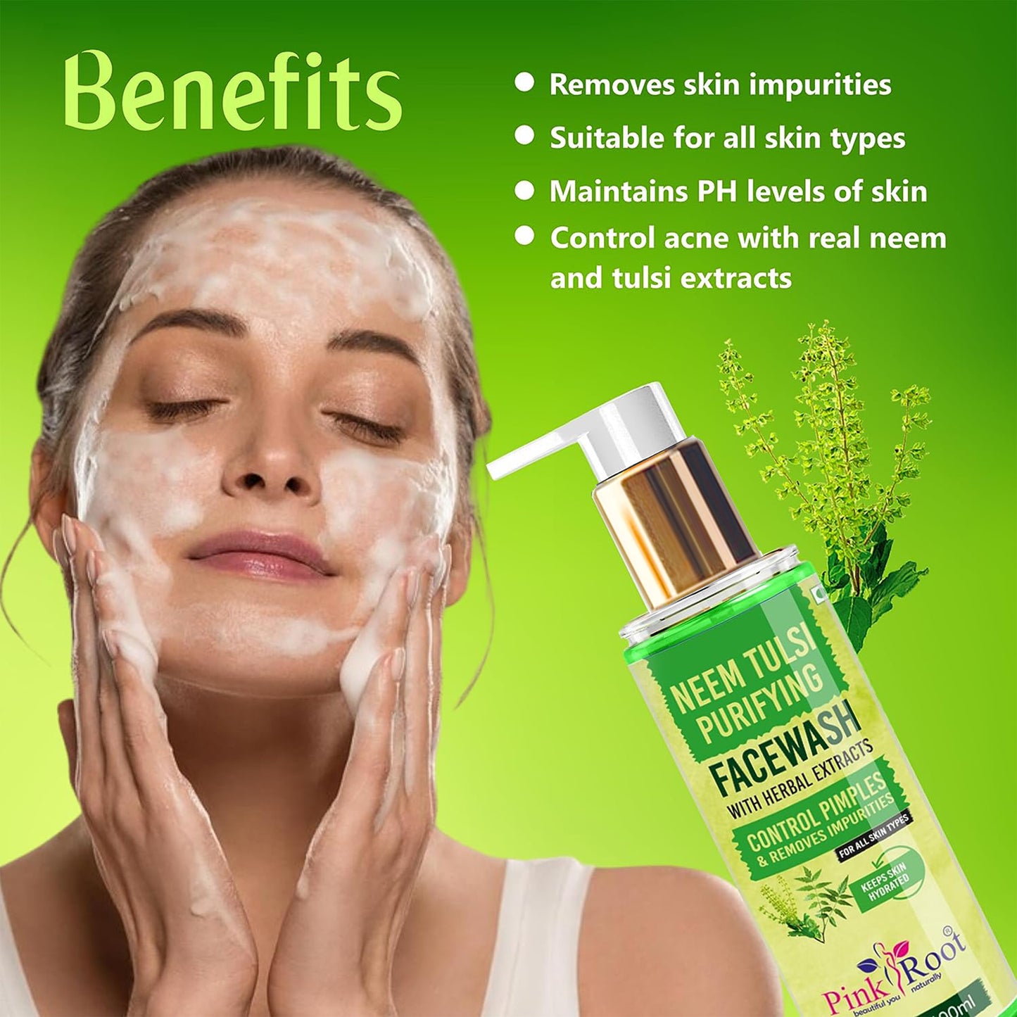 Pink Root Neem Tulsi Skin Purifying Face Wash 100ml for Anti Acne, Pimple Control, Oil Control