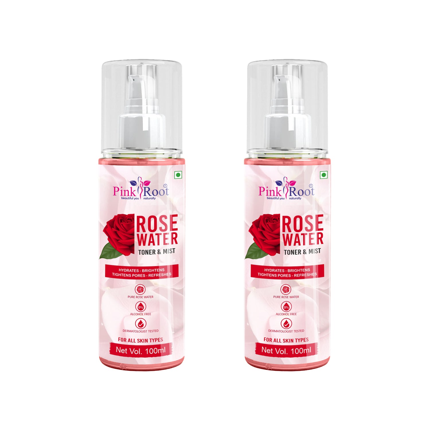 Pink Root Rose Water Toner & Mist, Made with Pure Rose Extracts as Toner, Skin Hydrator, Makeup Remover & Helps in Pore Tightening, 100ml  (Pack of 2)