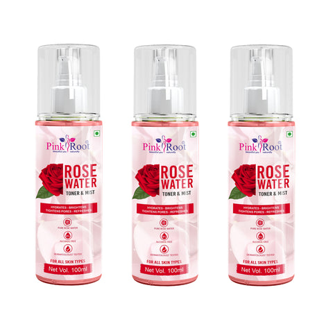 Pink Root Rose Water Toner & Mist, Made with Pure Rose Extracts as Toner, Skin Hydrator, Makeup Remover & Helps in Pore Tightening, 100ml  (Pack of 3)