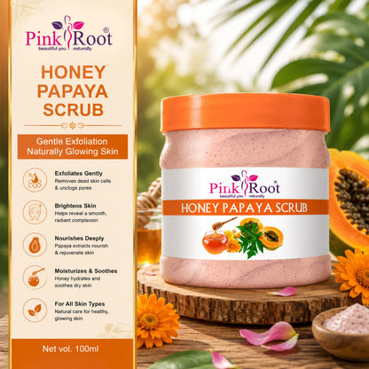 Pink Root Honey Papaya Scrub 500ml - Skin Whitening, Brightening, Softening & Smoothening, Dark Spot Removal, Anti Ageing, Best Detan Scrub, Radiance & Glow