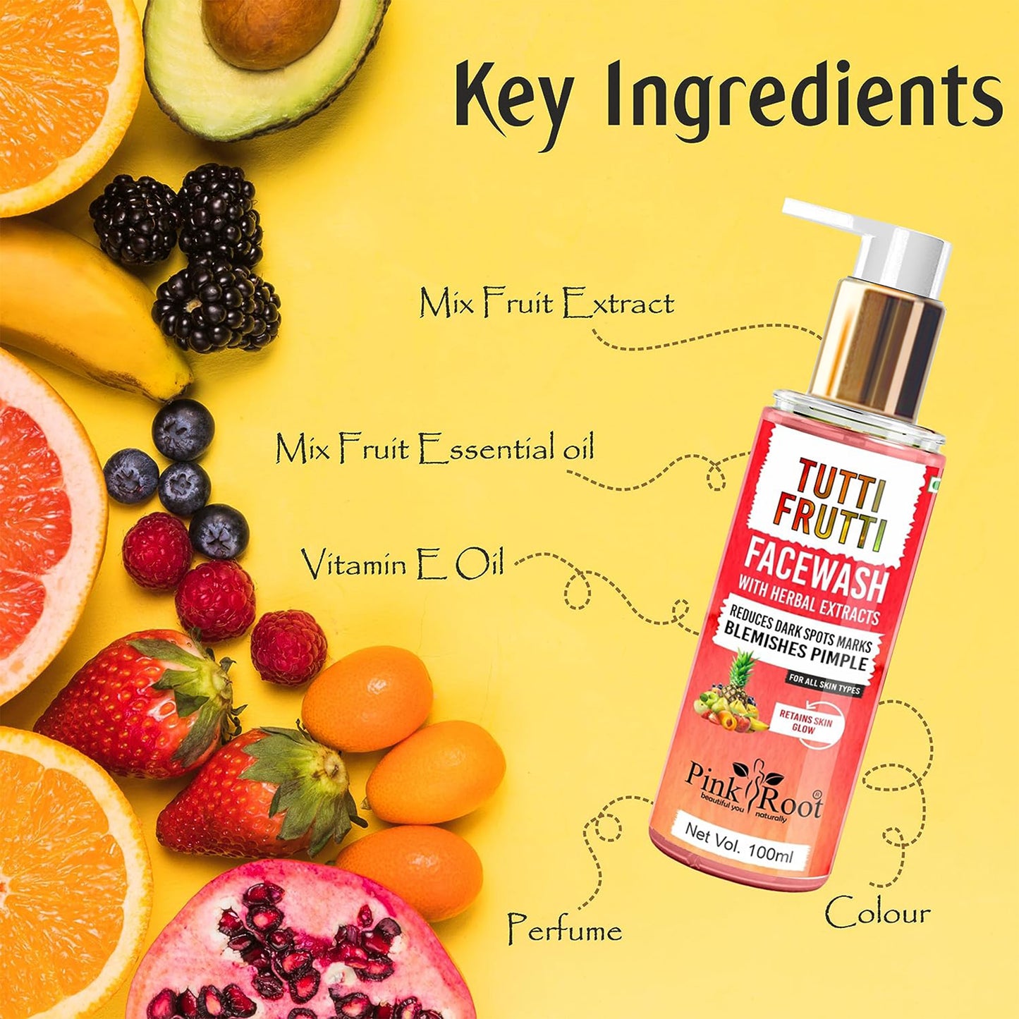 Pink Root Tutti Frutti Face Wash (100 ml) - Oil Balancing, Oil Control, Tan Removes, Dark Spot Removal