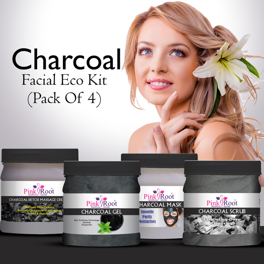 Pink Root Charcoal Eco Facial Kit , 500gm Pack of 4, for Anti Acne, Detox Skin, Tan Removal, Dead Skin Removal, Nourishing & Moisturising Skin