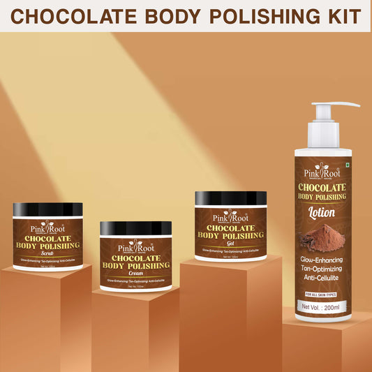 Pink Root Chocolate Body Polishing Kit| Instant Date Ready Glow | Dead Skin Cell Removal, Deep Moisturizing | Body Scrub, Body Gel, Body Lotion, Body Mask | Deep Skin Hydration Kit | Unisex