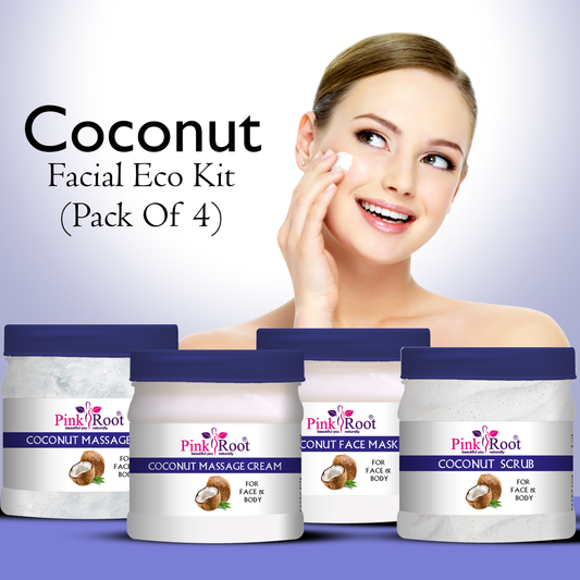 Coconut facial eco kit with a woman applying cream, featuring 'Pink Root' brand.