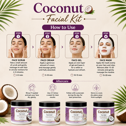 Coconut facial kit with step-by-step usage guide and product packaging.
