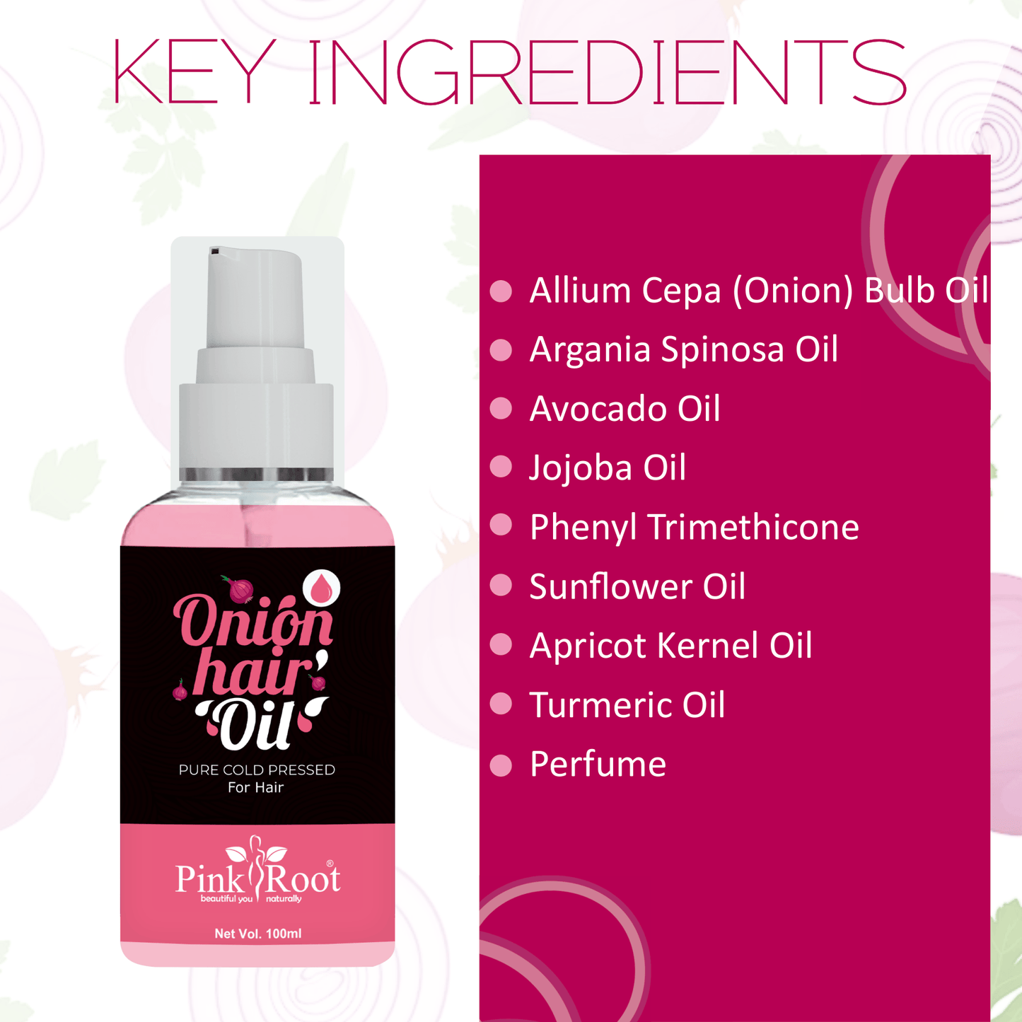 Pink Root Onion Hair Oil 100ml, Applied For Hair Growth, Anti-hair Fall, Healthy Scalp, Conditioning, Removing Lice, Prevents Greying