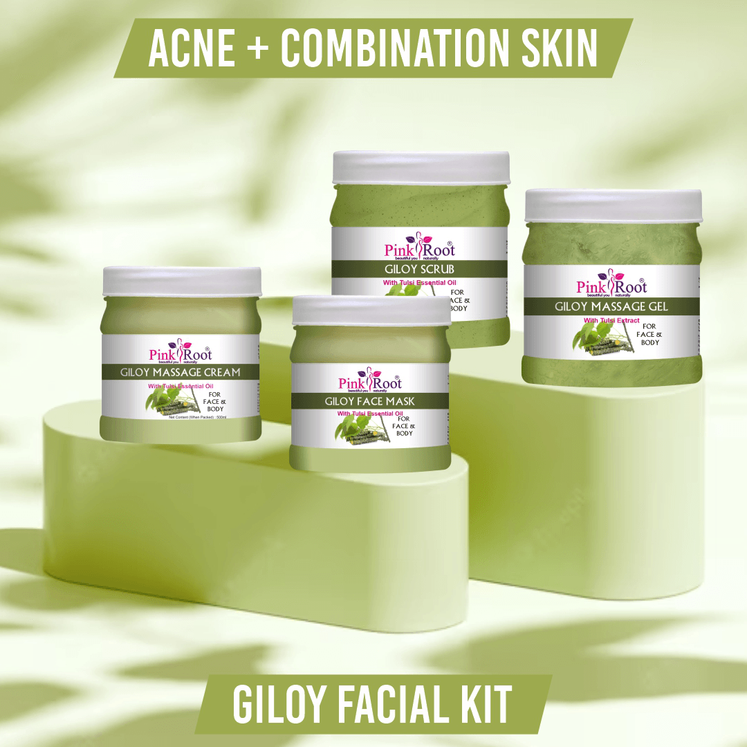Giloy Facial Kit Pack of 4 ( Scrub, Massage Cream, Massage Gel, Face Pack) 500ml Each For All Skin Type - Pink Root