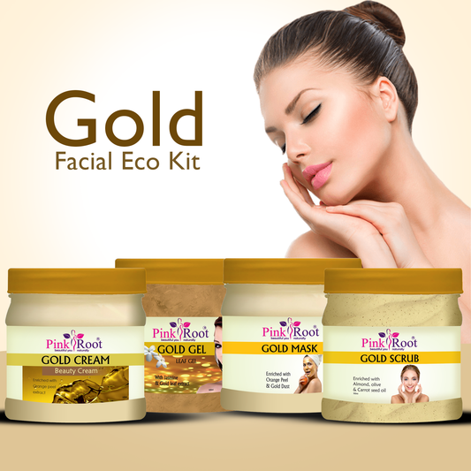 Pink Root Gold Eco Facial Kit , 500gm Pack of 4, For Gold Radiance, Glowing Skin,Tan Removal, Whitening, Depigmentation, Oil Control, Acne & Fairness
