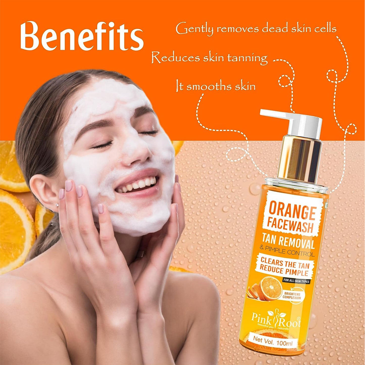 Pink Root Orange Face Wash (100 ml) - Anti-Tan, Skin Lightening & Orange Oil Pore Cleansing Face Wash