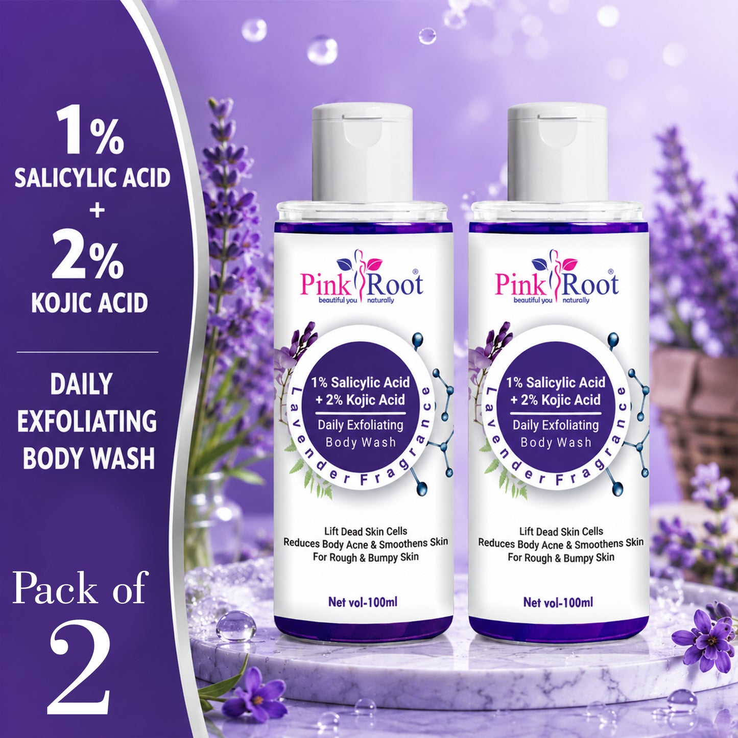 Pink Root 1% Salicylic Acid Body Wash with 2% Kojic Acid (100ml) with Skin Renewing Formula, Deep Cleansing, Acne Fighting, Oil Control, Smooth and Refreshed Skin Every Shower (Pack of 2)