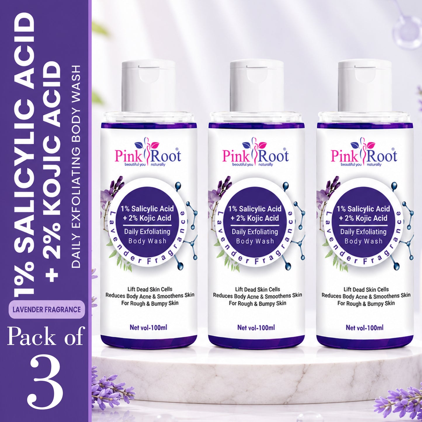Pink Root 1% Salicylic Acid Body Wash (100ml) for Healthy Looking Skin, Deep Cleansing Formula Helps Reduce Acne, Oil, Bumps, and Skin Congestion Daily (Pack of 3)