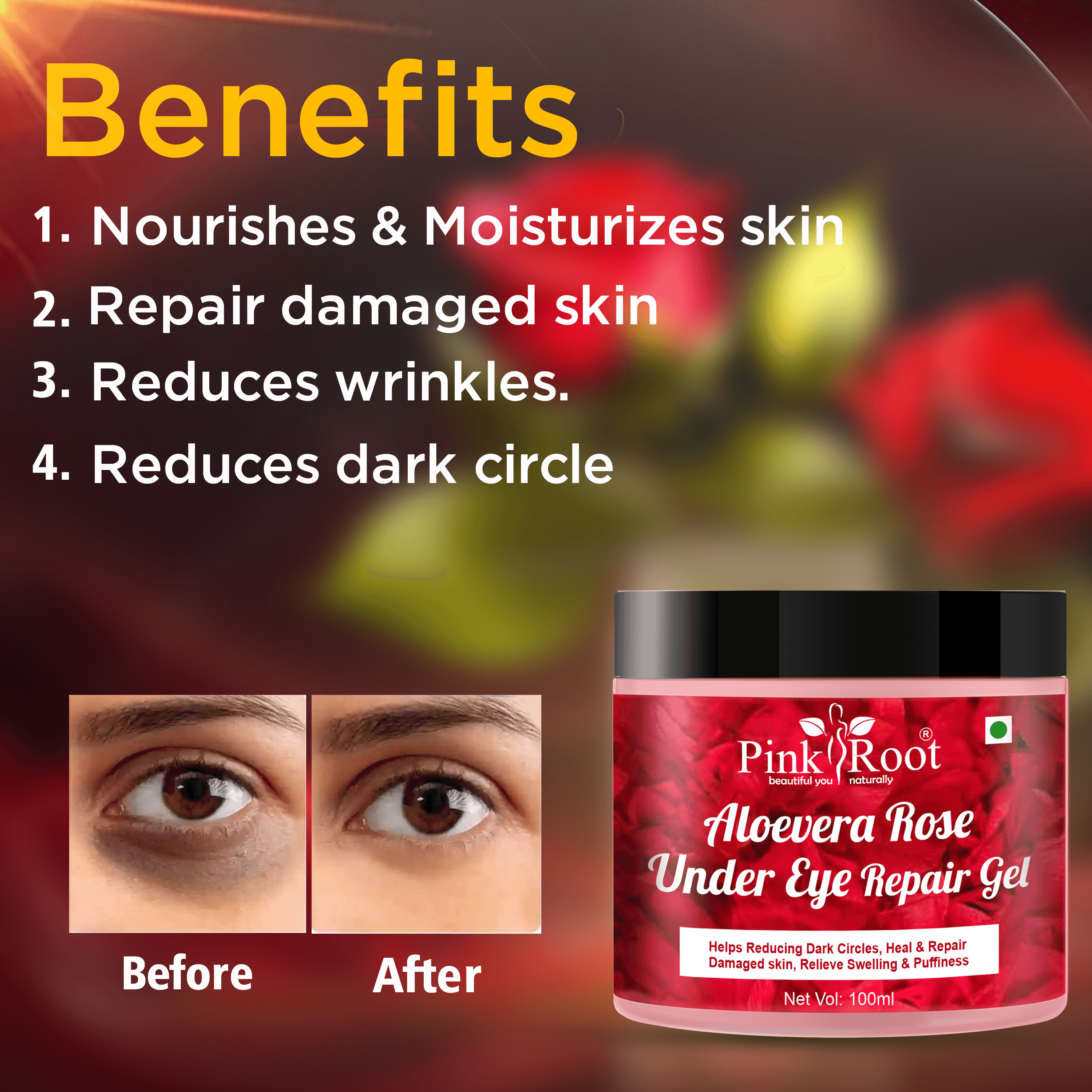Pink Root Aloevera Rose Under Eye Gel 100ml, helps reduce dark circles, soothe puffy eyes, brighten the under-eye area & tighten the skin - Pink Root
