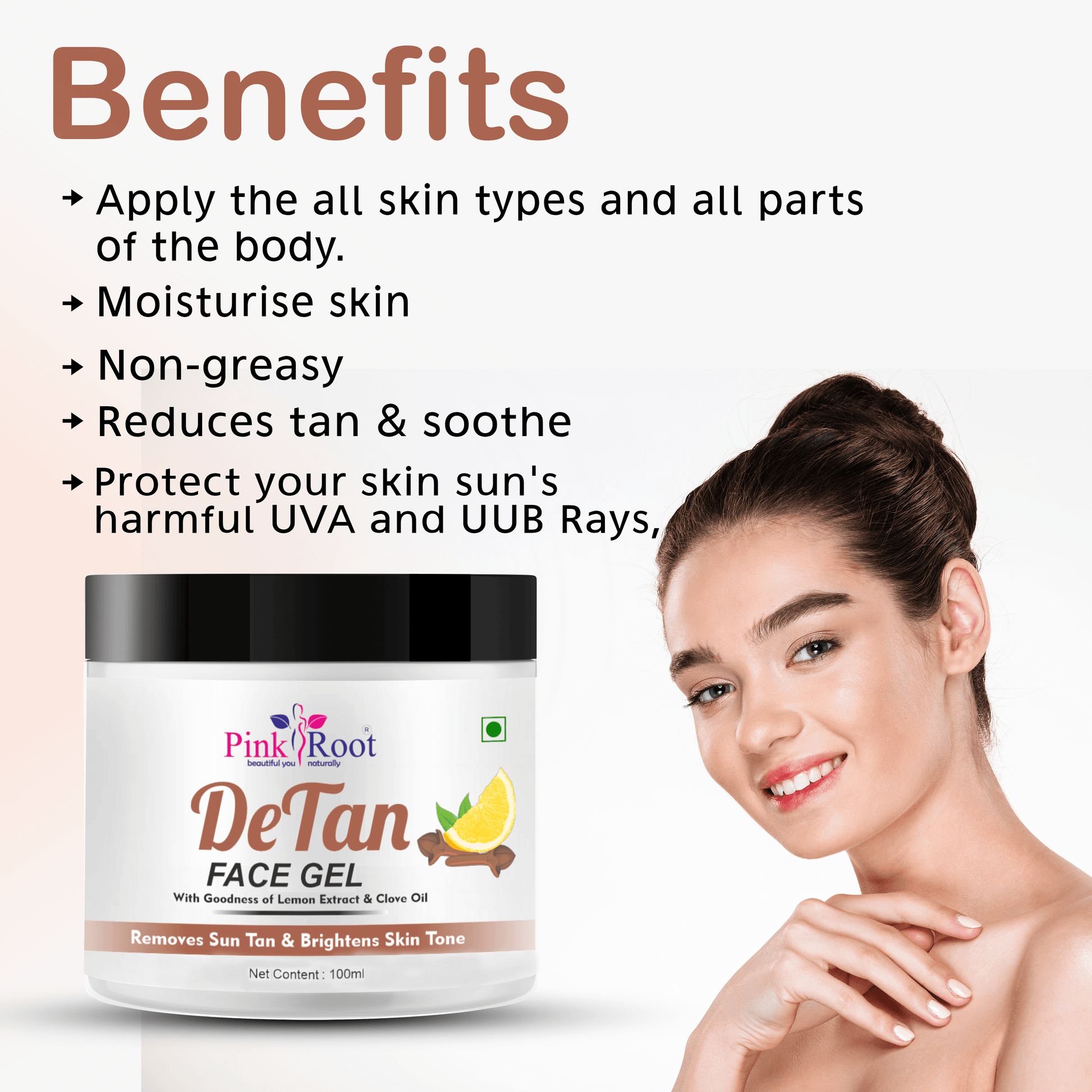 Pink Root Detan Face Gel 100ml, gives Skin Brightening, Skin Whitening Face Gel For Skin,Tan Removal, Whitening, Depigmentation, Oil Control, Acne & Fairness - Pink Root