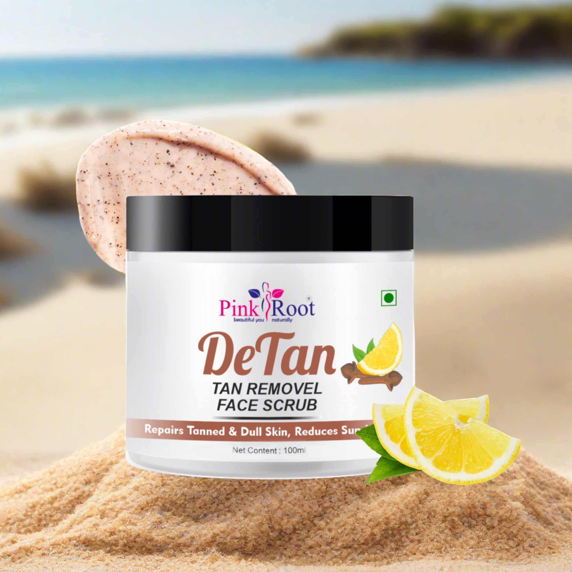 Pink Root Detan Face Scrub 100ml, Enriched with Lemon Extract & Clove Oil, helps in Tan Removal, Blackheads and gives smooth, clean & dirt free skin - Pink Root