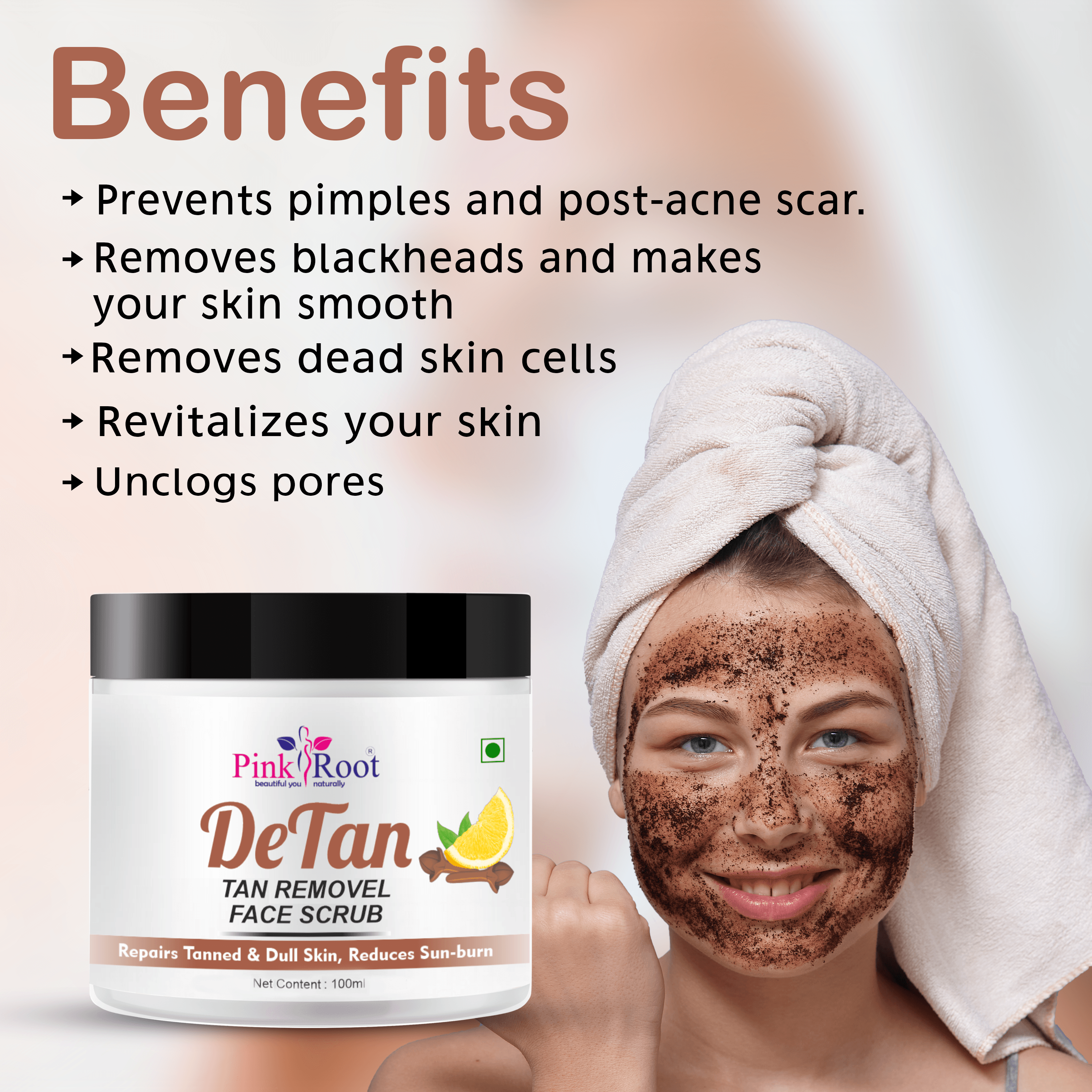 Pink Root Detan Face Scrub 100ml, Enriched with Lemon Extract & Clove Oil, helps in Tan Removal, Blackheads and gives smooth, clean & dirt free skin - Pink Root