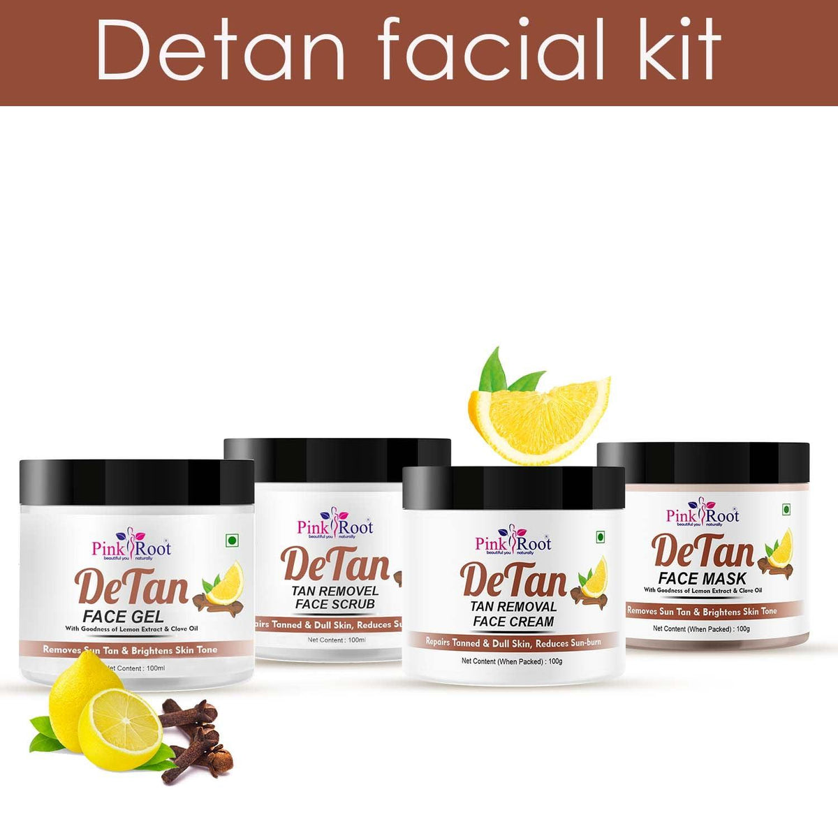 Pink Root Detan Facial kit 400gm, helps in Tan Removal, Removes Blackheads & Whiteheads & gives smooth, brighter, shiner, clean & dirt free skin - Pink Root