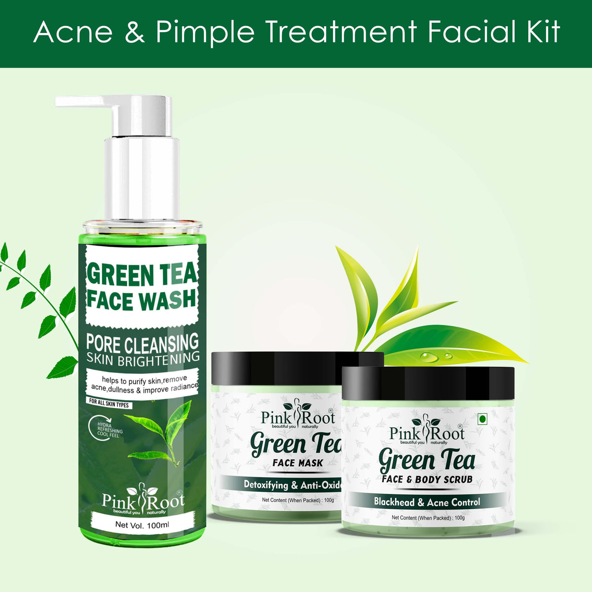 Pink Root Green Tea Acne & Pimple Facial Kit helps in removing acnes, pimples, controls excess oil on skin and gives flawless skin - Pink Root