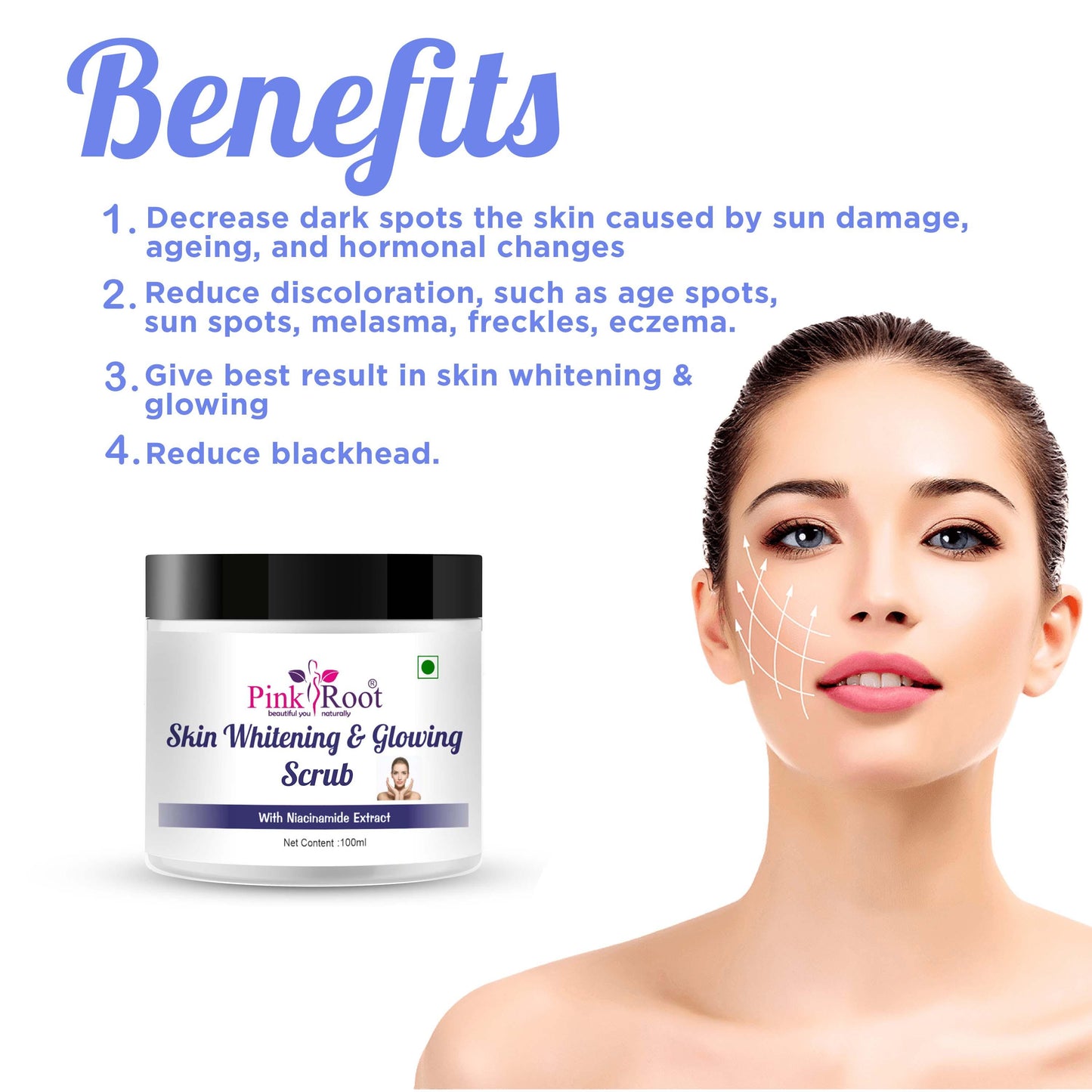 Pink Root Skin Whitening Scrub 100ml, Contains Niacinamide Extract for Instant Skin Whitening, Skin Lightening, Removes Dark Spot, Reduces Pigmentation - Pink Root