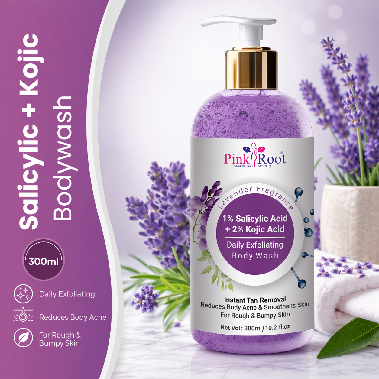 Pink Root Salicylic Acid Body Wash | Body Acne, Dark Spots & Strawberry Skin Treatment | Kojic Acid Shower Gel 300ml