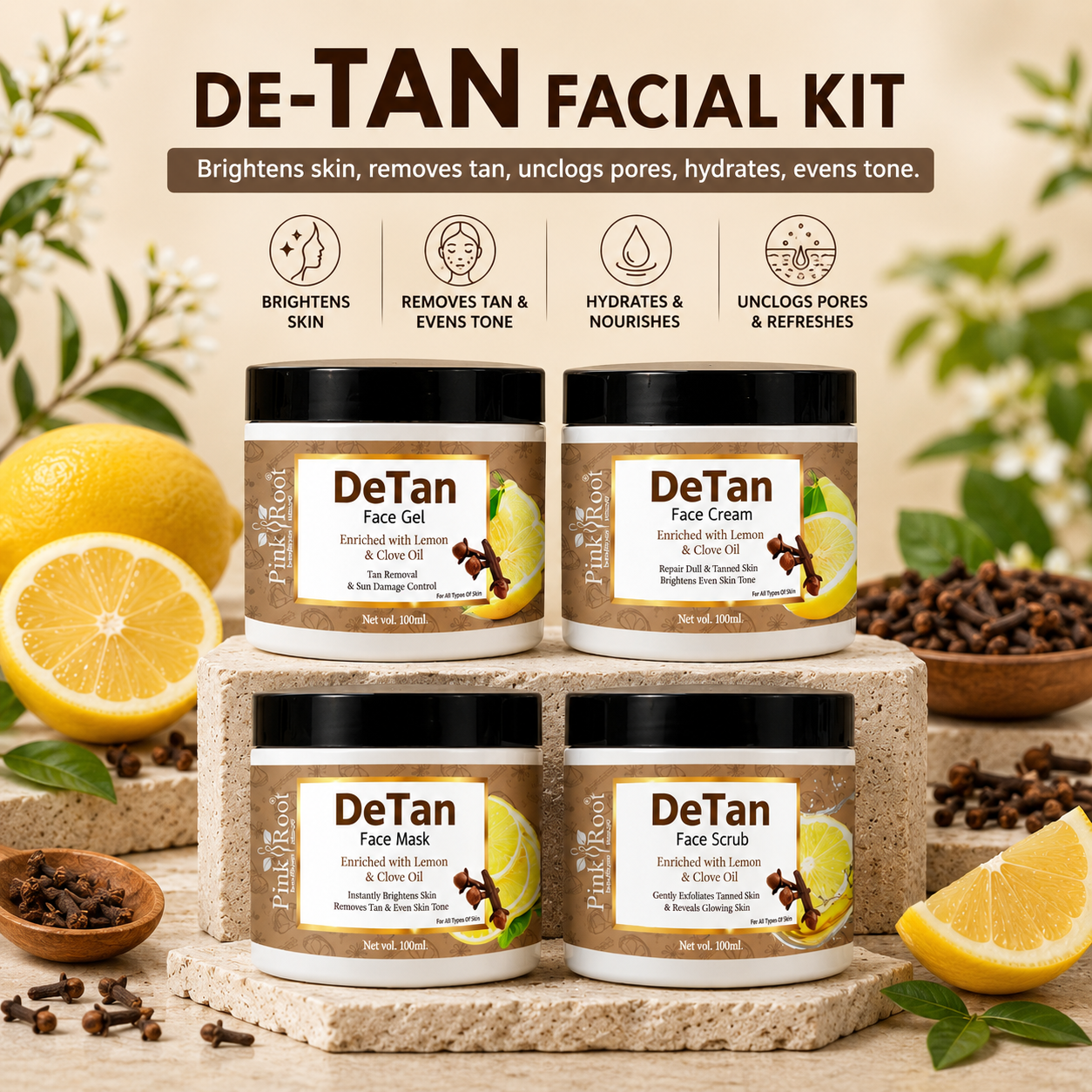 Pink Root Detan Facial kit 400gm, Helps in Tan Removal, Removes Blackheads & Whiteheads & Gives smooth, brighter, shiner, clean & dirt free skin
