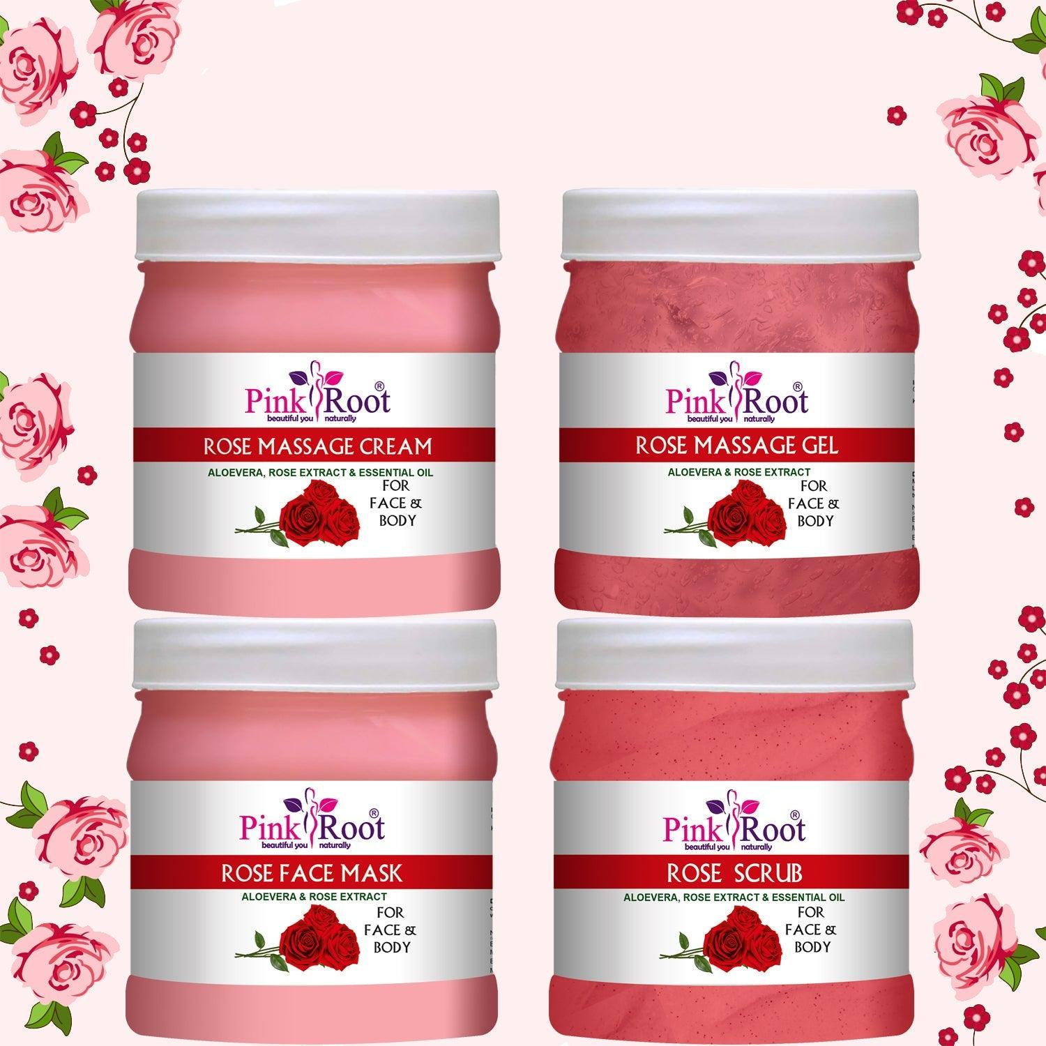 Rose facial Kit ( Scrub, Massage Cream, Face Gel, Face Pack)500ml, For All Skin Type - Pink Root