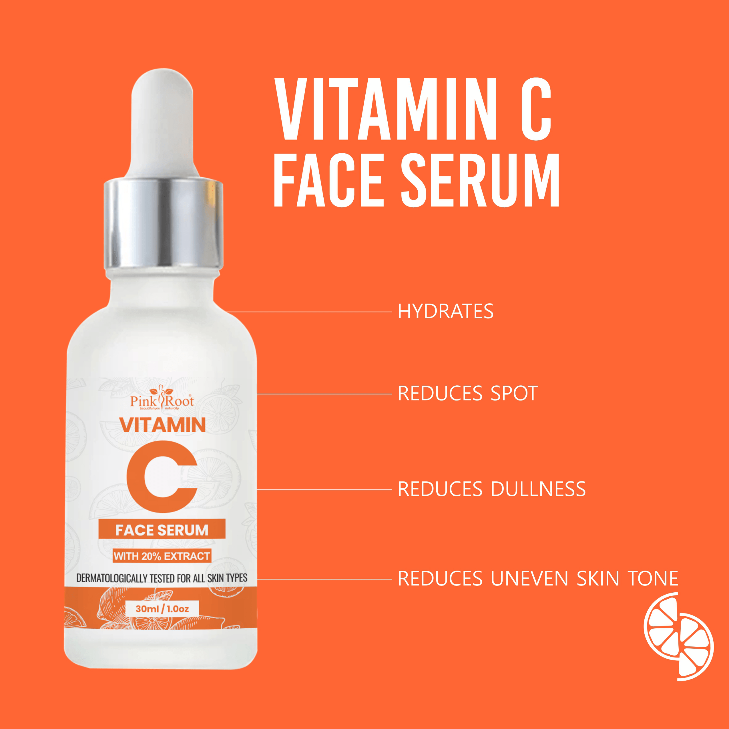 Vitamin C Face Serum 30ml, with 20% Extract for Glowing Skin, Suitable For All Skin Types - Pink Root